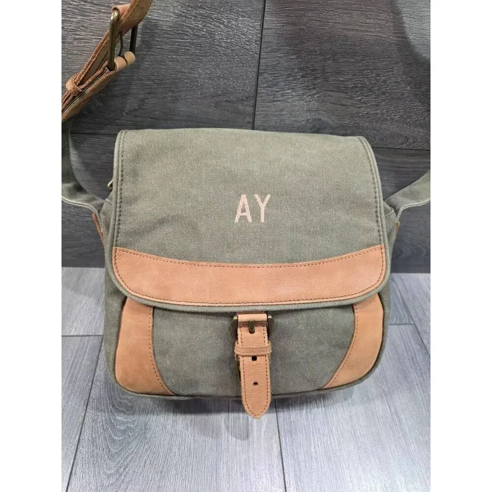 LL Bean Leather Canvas Crossbody Messenger Bag Olive Green Flap Utility B000759
